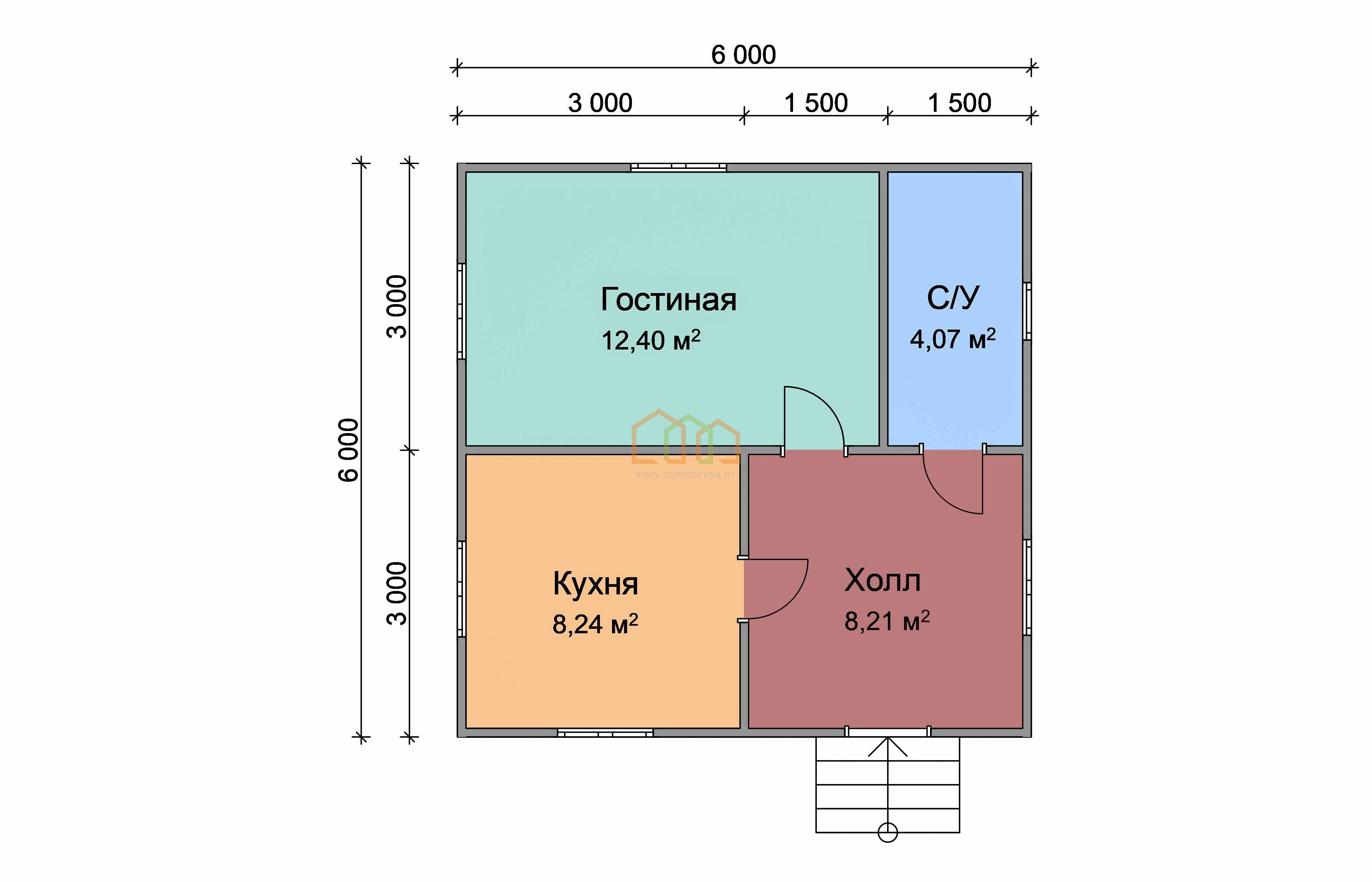 План одноэтажного дома 6х6 с туалетом и душем